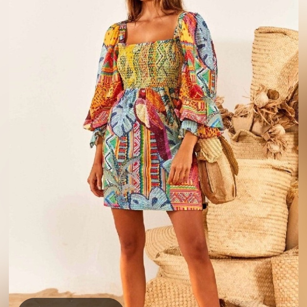 Farm Rio Tapestry Smocked Long Sleeve Minidress Size M Multi